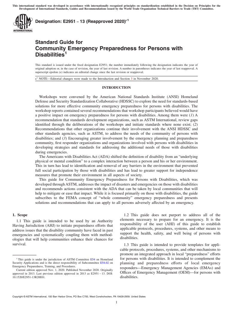 ASTM E2951-13(2020)e1 - Standard Guide for Community Emergency Preparedness for Persons with Disabilities