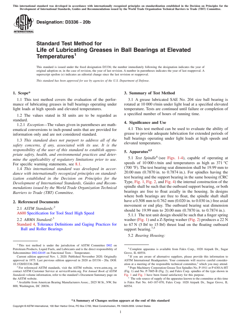 ASTM D3336-20b - Standard Test Method for  Life of Lubricating Greases in Ball Bearings at Elevated Temperatures
