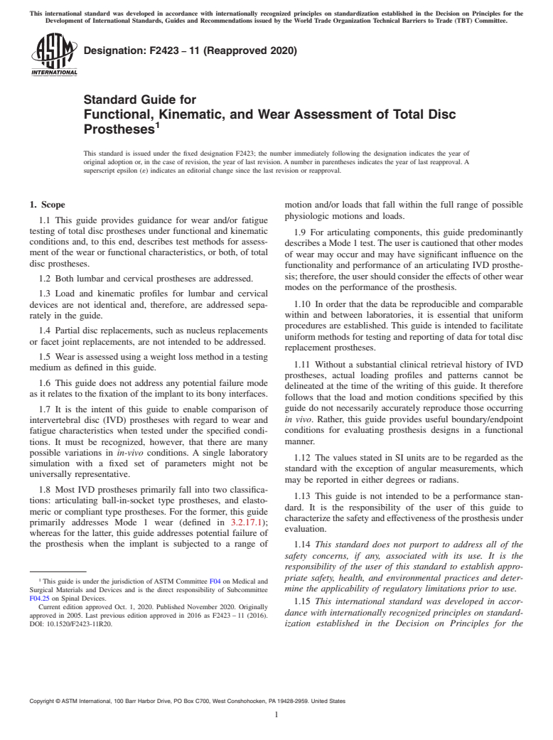 ASTM F2423-11(2020) - Standard Guide for Functional, Kinematic, and Wear Assessment of Total Disc Prostheses