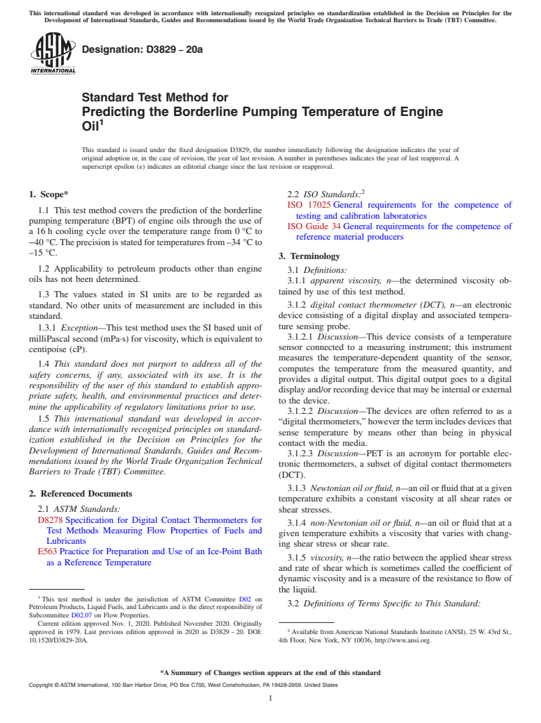 ASTM D3829-20a - Standard Test Method for Predicting the Borderline Pumping Temperature of Engine Oil