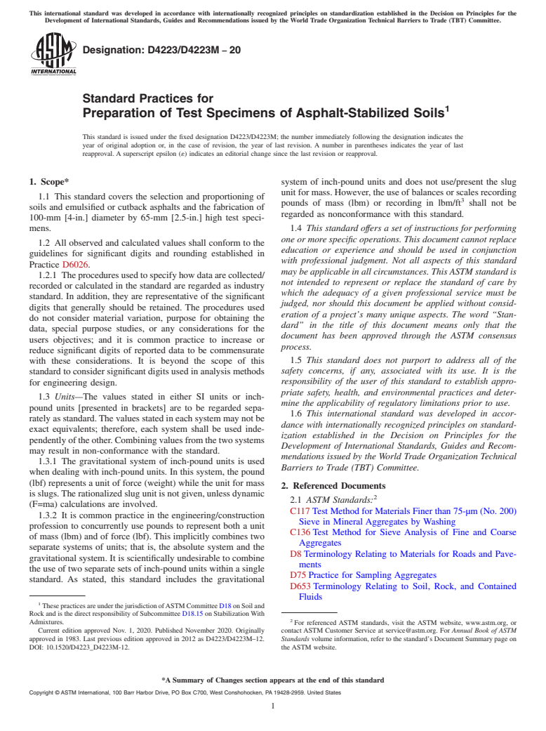 ASTM D4223/D4223M-20 - Standard Practices for Preparation of Test Specimens of Asphalt-Stabilized Soils
