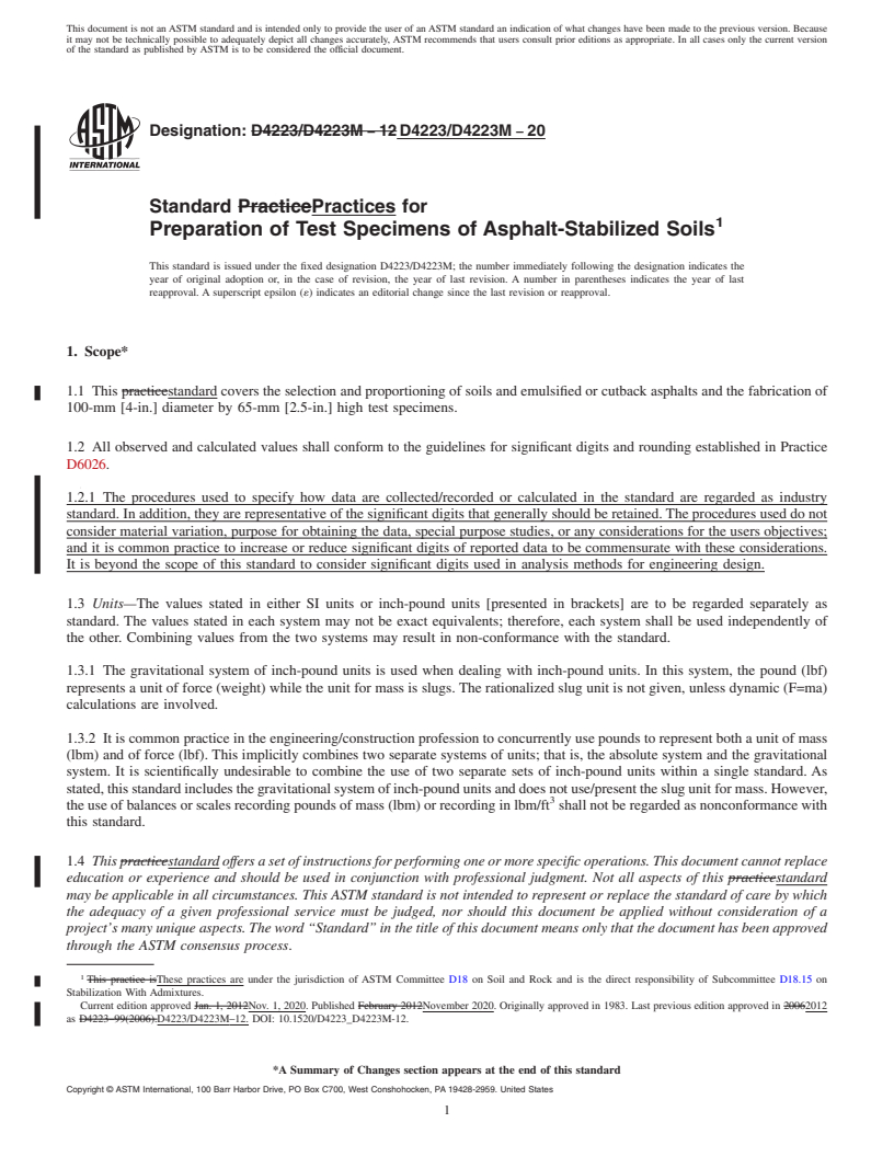 REDLINE ASTM D4223/D4223M-20 - Standard Practices for Preparation of Test Specimens of Asphalt-Stabilized Soils