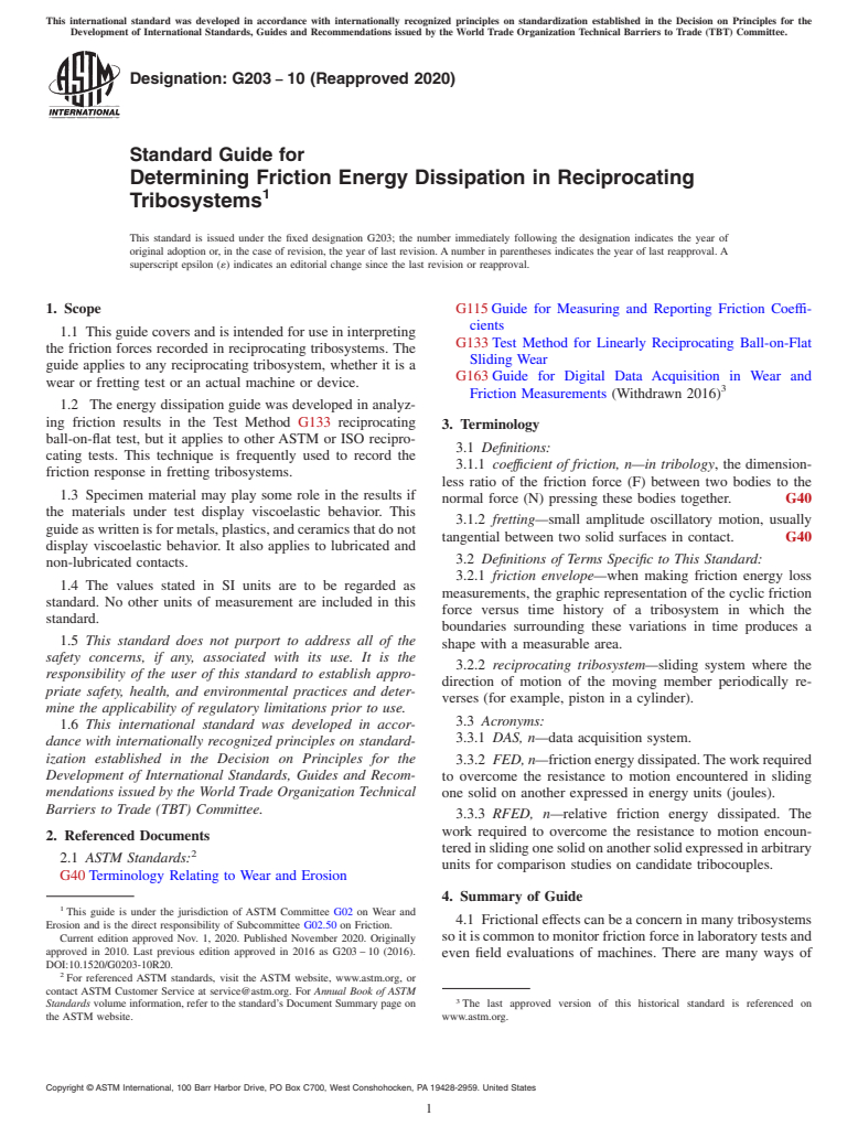 ASTM G203-10(2020) - Standard Guide for Determining Friction Energy Dissipation in Reciprocating Tribosystems