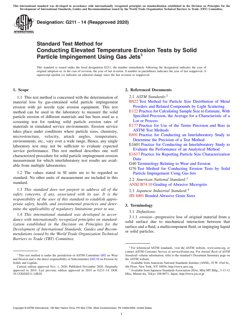 ASTM G211-14(2020) - Standard Test Method for Conducting Elevated Temperature Erosion Tests by Solid Particle Impingement Using Gas Jets