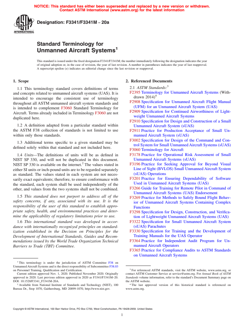 ASTM F3341/F3341M-20a - Standard Terminology for Unmanned Aircraft Systems