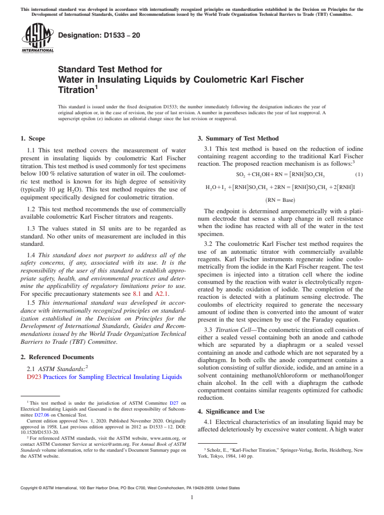 ASTM D1533-20 - Standard Test Method for  Water in Insulating Liquids by Coulometric Karl Fischer Titration