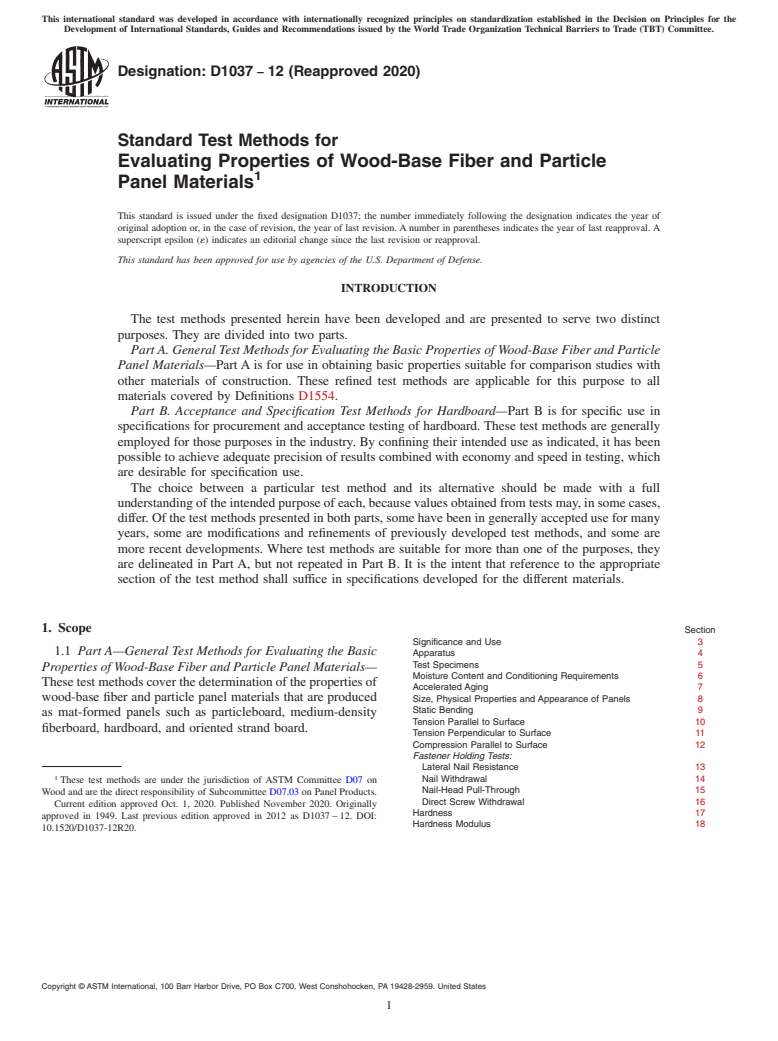 ASTM D1037-12(2020) - Standard Test Methods for  Evaluating Properties of Wood-Base Fiber and Particle Panel  Materials