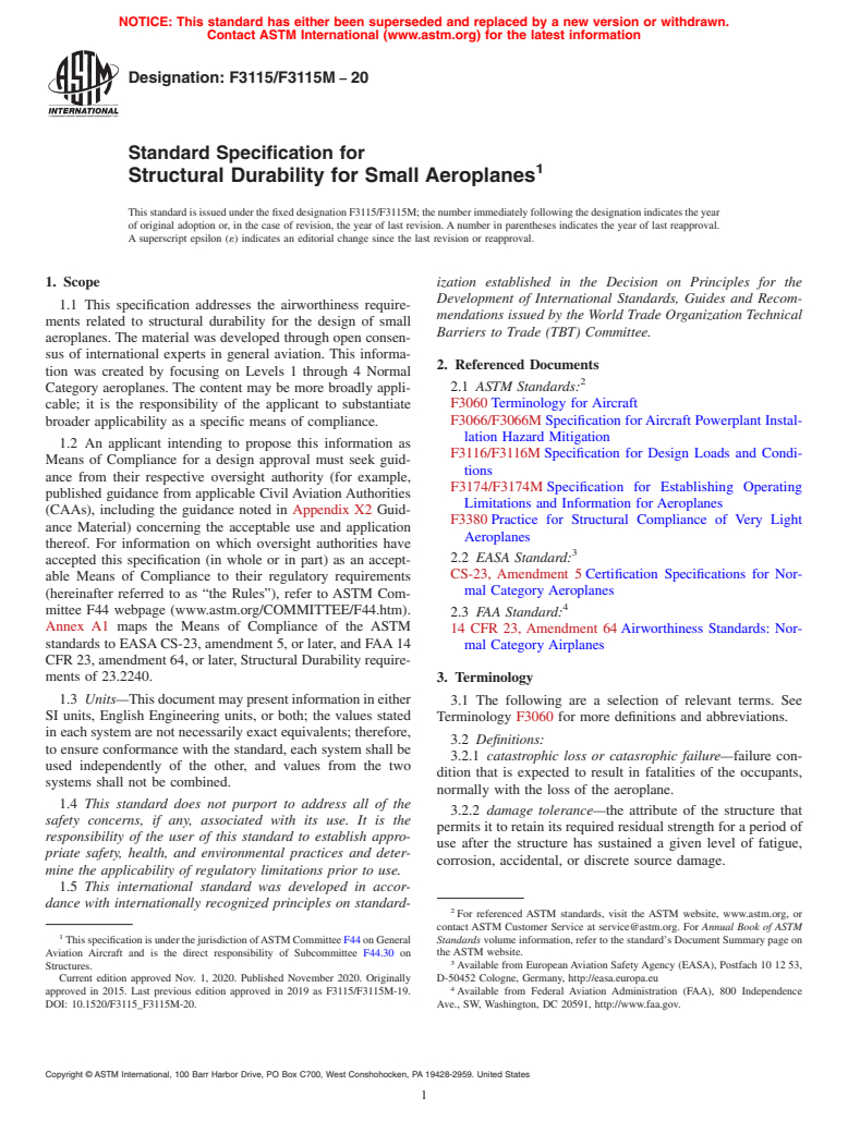 ASTM F3115/F3115M-20 - Standard Specification for Structural Durability for Small Aeroplanes