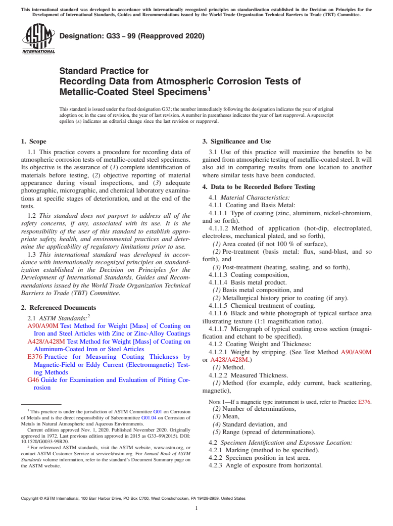 ASTM G33-99(2020) - Standard Practice for Recording Data from Atmospheric Corrosion Tests of Metallic-Coated  Steel Specimens