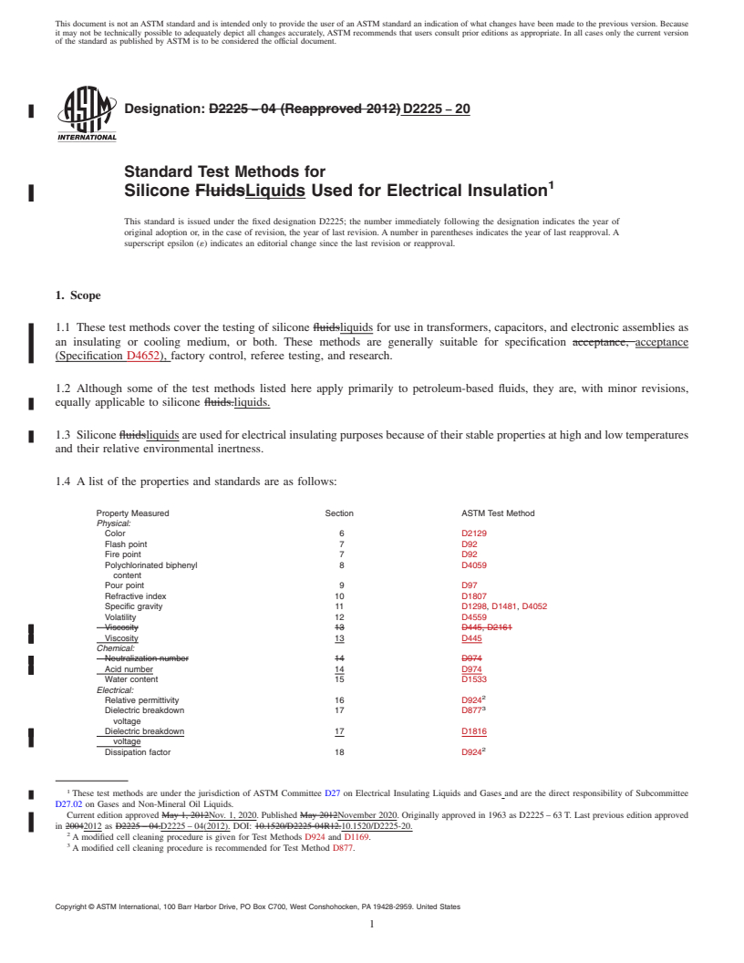 REDLINE ASTM D2225-20 - Standard Test Methods for  Silicone Liquids Used for Electrical Insulation