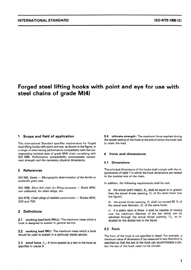 ISO 4779:1986 - Forged steel lifting hooks with point and eye for use with steel chains of grade M(4)