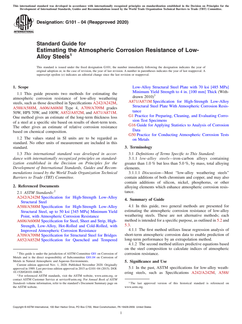 ASTM G101-04(2020) - Standard Guide for Estimating the Atmospheric Corrosion Resistance of Low-Alloy Steels