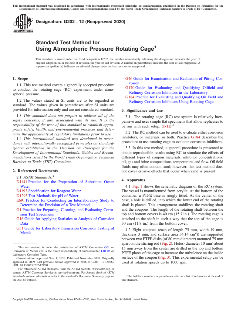 ASTM G202-12(2020) - Standard Test Method for Using Atmospheric Pressure Rotating Cage