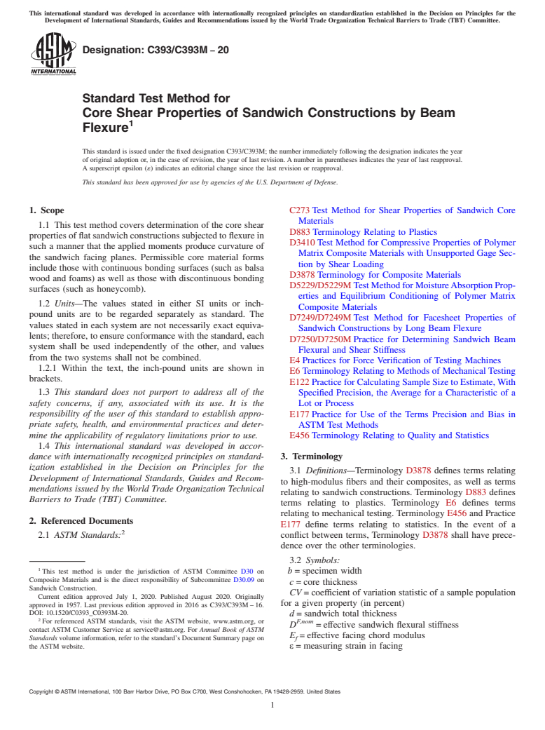 ASTM C393/C393M-20 - Standard Test Method for  Core Shear Properties of Sandwich Constructions by Beam Flexure