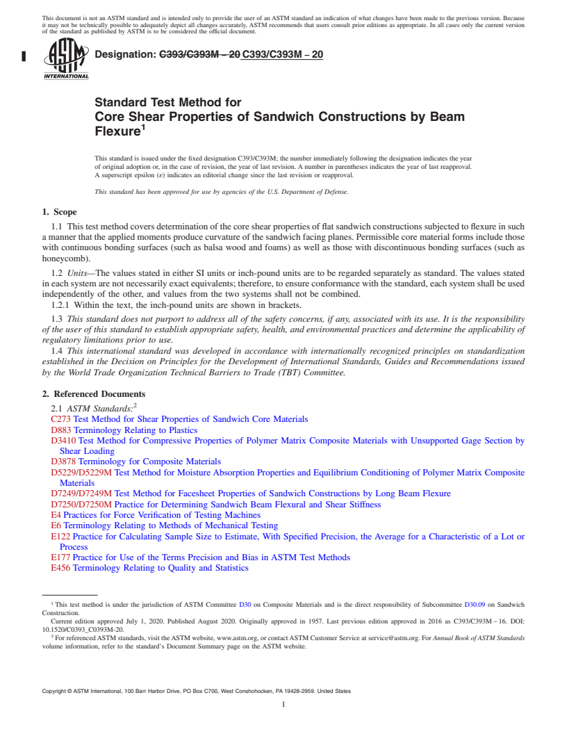 REDLINE ASTM C393/C393M-20 - Standard Test Method for  Core Shear Properties of Sandwich Constructions by Beam Flexure