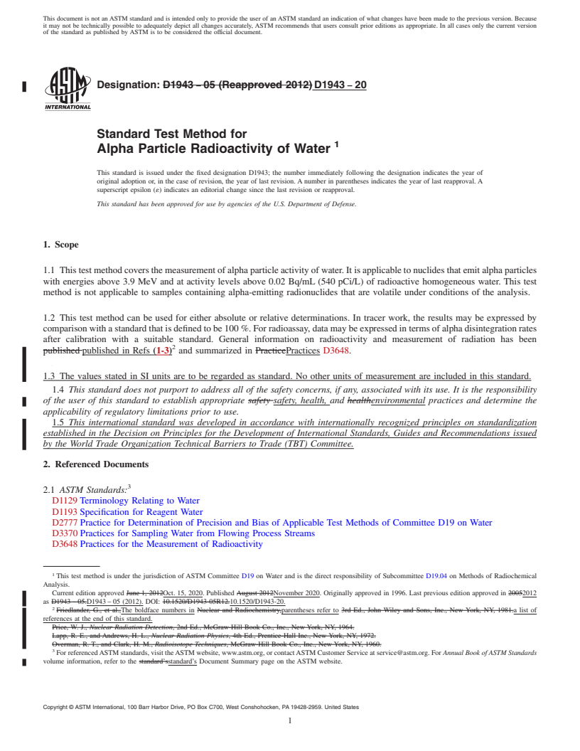 REDLINE ASTM D1943-20 - Standard Test Method for  Alpha Particle Radioactivity of Water&#x2009;