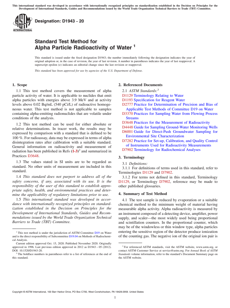 ASTM D1943-20 - Standard Test Method for  Alpha Particle Radioactivity of Water&#x2009;