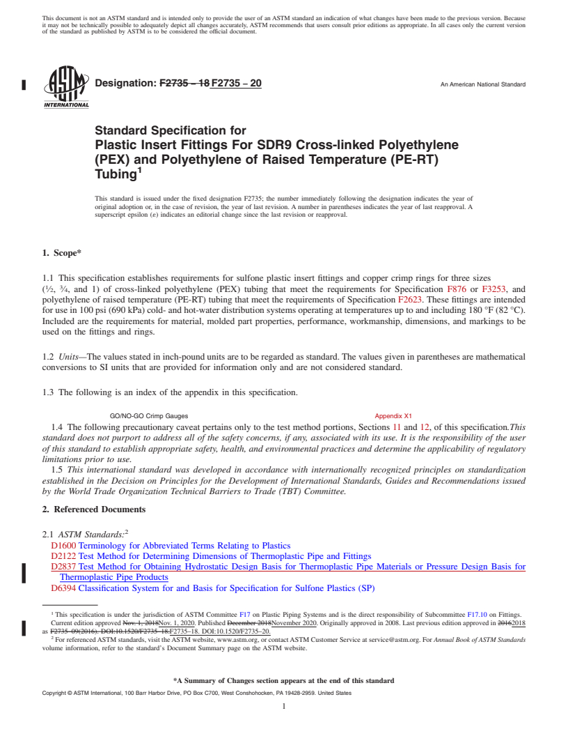 REDLINE ASTM F2735-20 - Standard Specification for  Plastic Insert Fittings For SDR9 Cross-linked Polyethylene   (PEX) and Polyethylene of Raised Temperature (PE-RT) Tubing