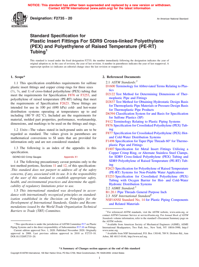 ASTM F2735-20 - Standard Specification for  Plastic Insert Fittings For SDR9 Cross-linked Polyethylene   (PEX) and Polyethylene of Raised Temperature (PE-RT) Tubing