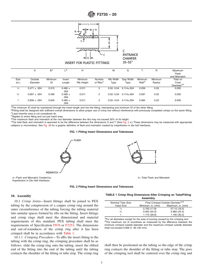 ASTM F2735-20 - Standard Specification for  Plastic Insert Fittings For SDR9 Cross-linked Polyethylene   (PEX) and Polyethylene of Raised Temperature (PE-RT) Tubing