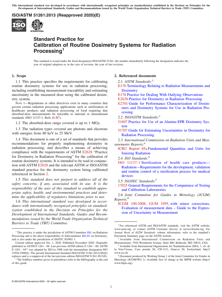 ASTM ISO/ASTM51261-13(2020) - Standard Practice for  Calibration of Routine Dosimetry Systems for Radiation Processing