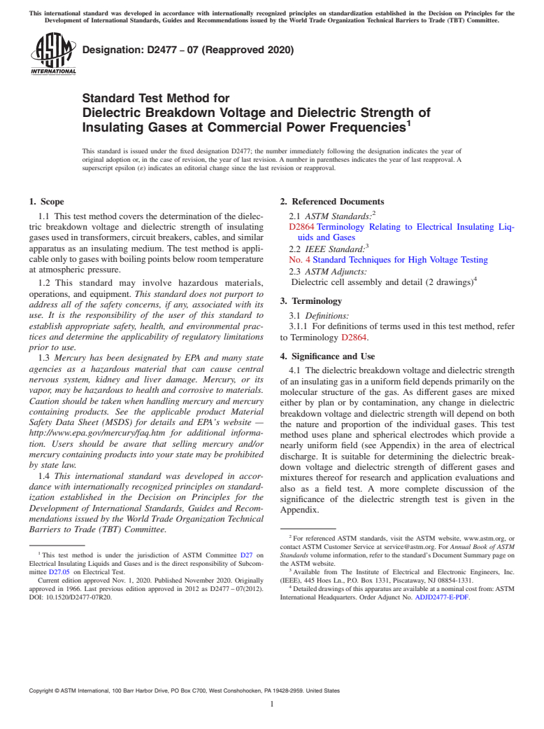 ASTM D2477-07(2020) - Standard Test Method for  Dielectric Breakdown Voltage and Dielectric Strength of Insulating  Gases at Commercial Power Frequencies