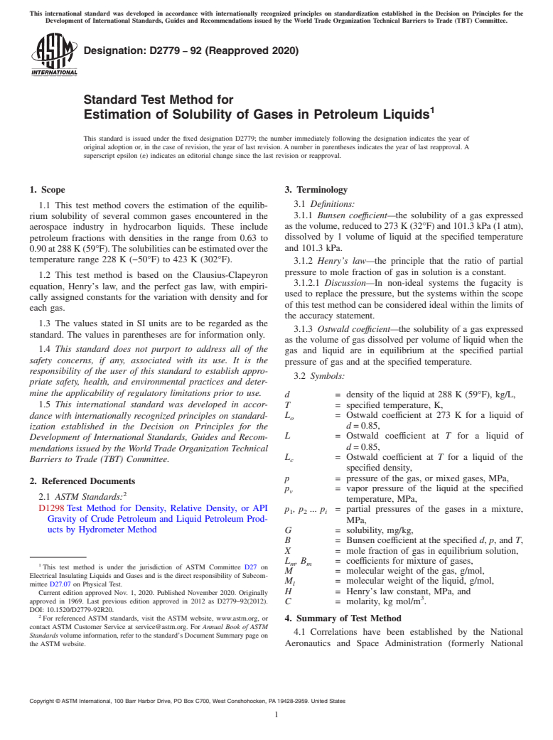 ASTM D2779-92(2020) - Standard Test Method for  Estimation of Solubility of Gases in Petroleum Liquids