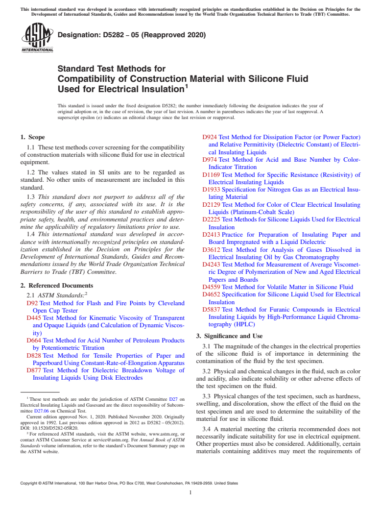 ASTM D5282-05(2020) - Standard Test Methods for  Compatibility of Construction Material with Silicone Fluid   Used for Electrical Insulation