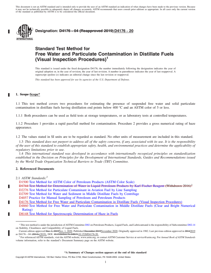 REDLINE ASTM D4176-20 - Standard Test Method for  Free Water and Particulate Contamination in Distillate Fuels   (Visual Inspection Procedures)