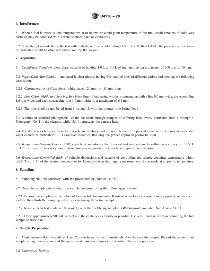 REDLINE ASTM D4176-20 - Standard Test Method for  Free Water and Particulate Contamination in Distillate Fuels   (Visual Inspection Procedures)