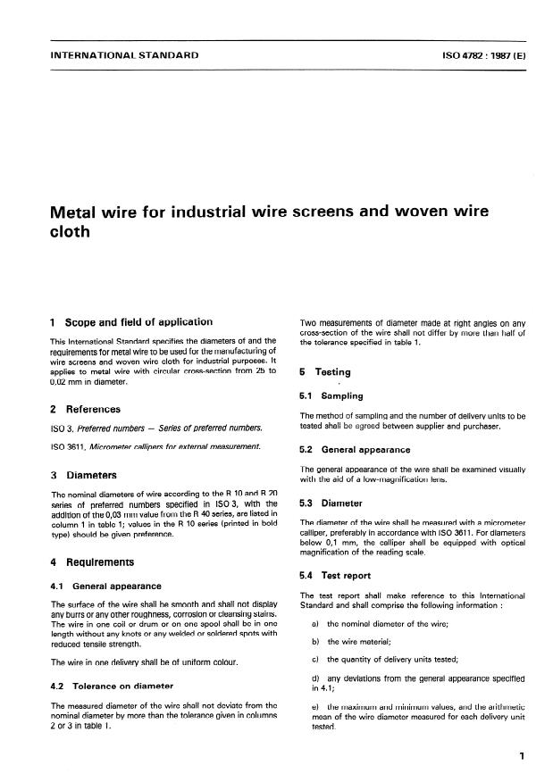 ISO 4782:1987 - Metal wire for industrial wire screens and woven wire cloth