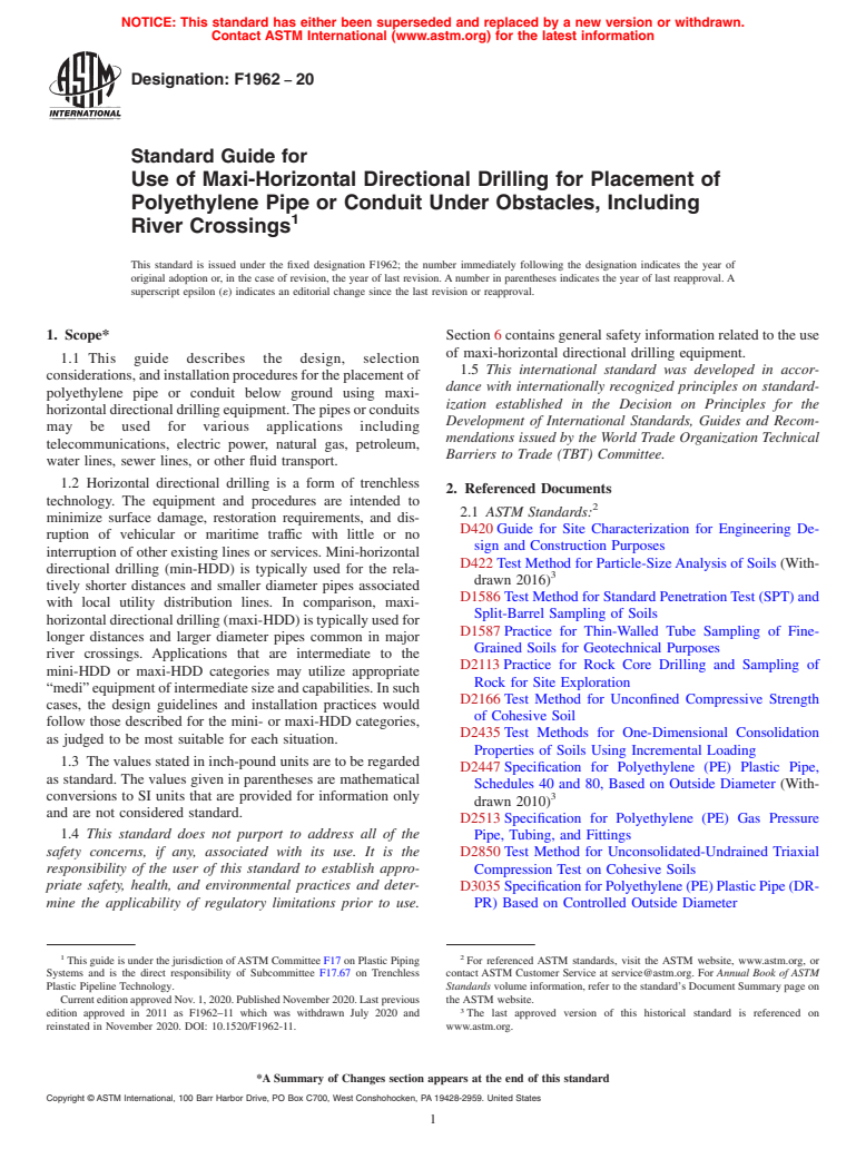 ASTM F1962-20 - Standard Guide for  Use of Maxi-Horizontal Directional Drilling for Placement of   Polyethylene Pipe or Conduit Under Obstacles, Including River Crossings