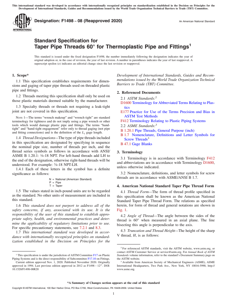 ASTM F1498-08(2020) - Standard Specification for  Taper Pipe Threads 60&#xb0; for Thermoplastic Pipe and Fittings