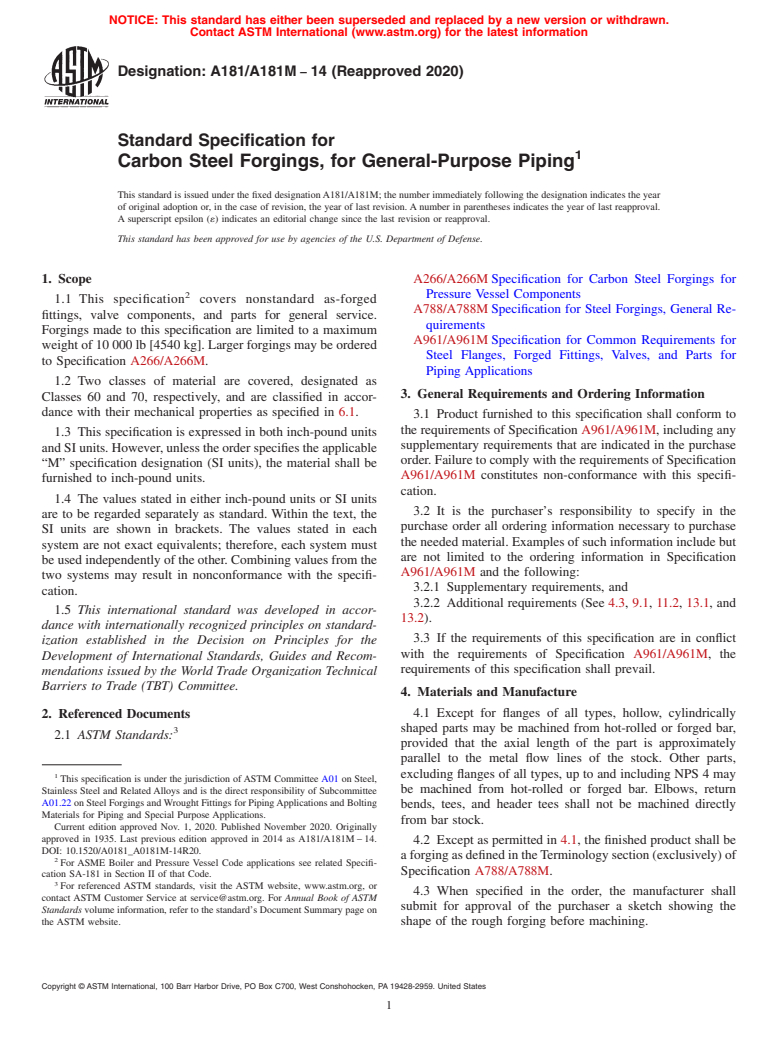 ASTM A181/A181M-14(2020) - Standard Specification for  Carbon Steel Forgings, for General-Purpose Piping