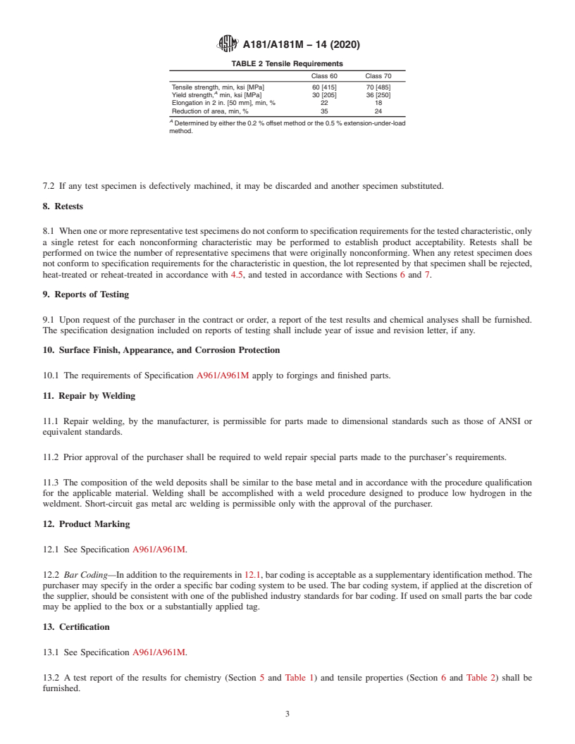 REDLINE ASTM A181/A181M-14(2020) - Standard Specification for  Carbon Steel Forgings, for General-Purpose Piping