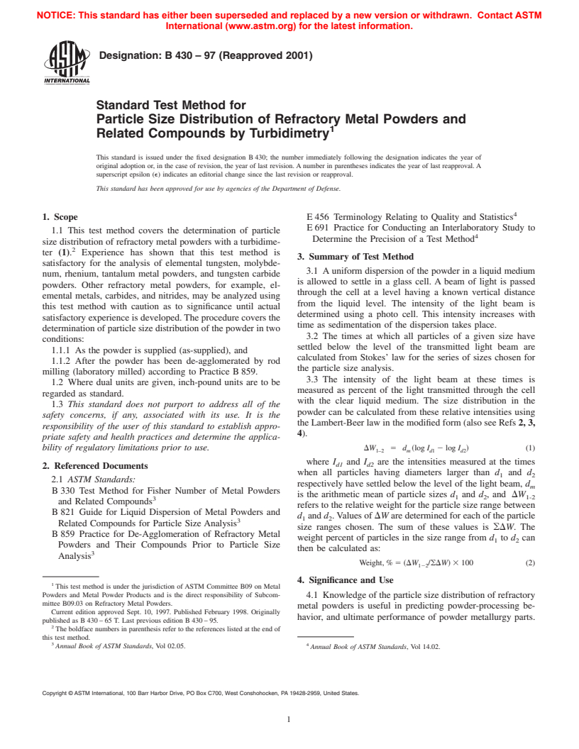 ASTM B430-97(2001) - Standard Test Method for Particle Size Distribution of Refractory Metal Powders and Related Compounds by Turbidimetry