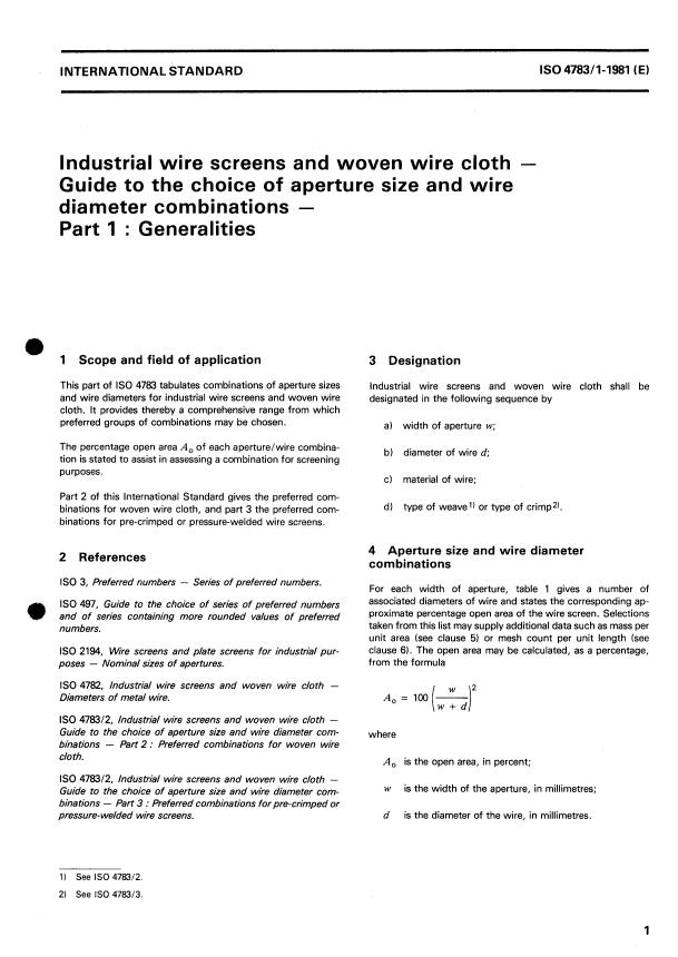 ISO 4783-1:1981 - Industrial wire screens and woven wire cloth -- Guide to the choice of aperture size and wire diameter combinations