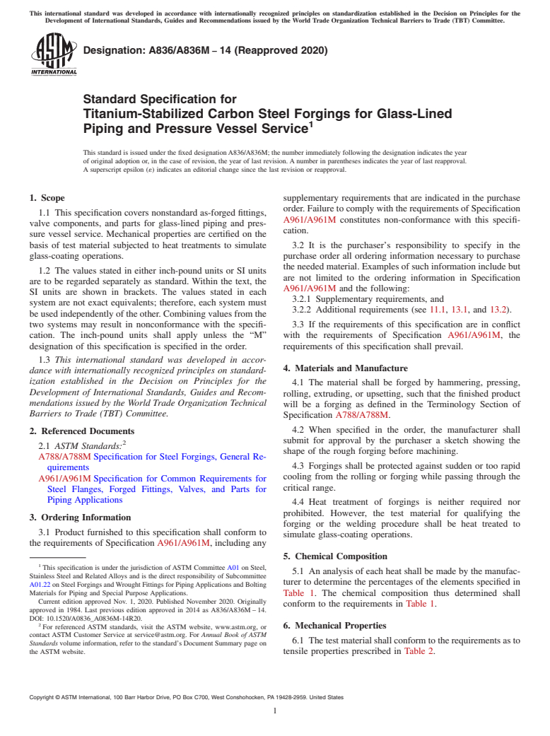 ASTM A836/A836M-14(2020) - Standard Specification for  Titanium-Stabilized Carbon Steel Forgings for Glass-Lined Piping  and Pressure Vessel Service