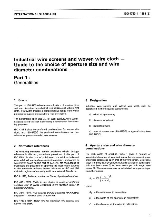 ISO 4783-1:1989 - Industrial wire screens and woven wire cloth -- Guide to the choice of aperture size and wire diameter combinations