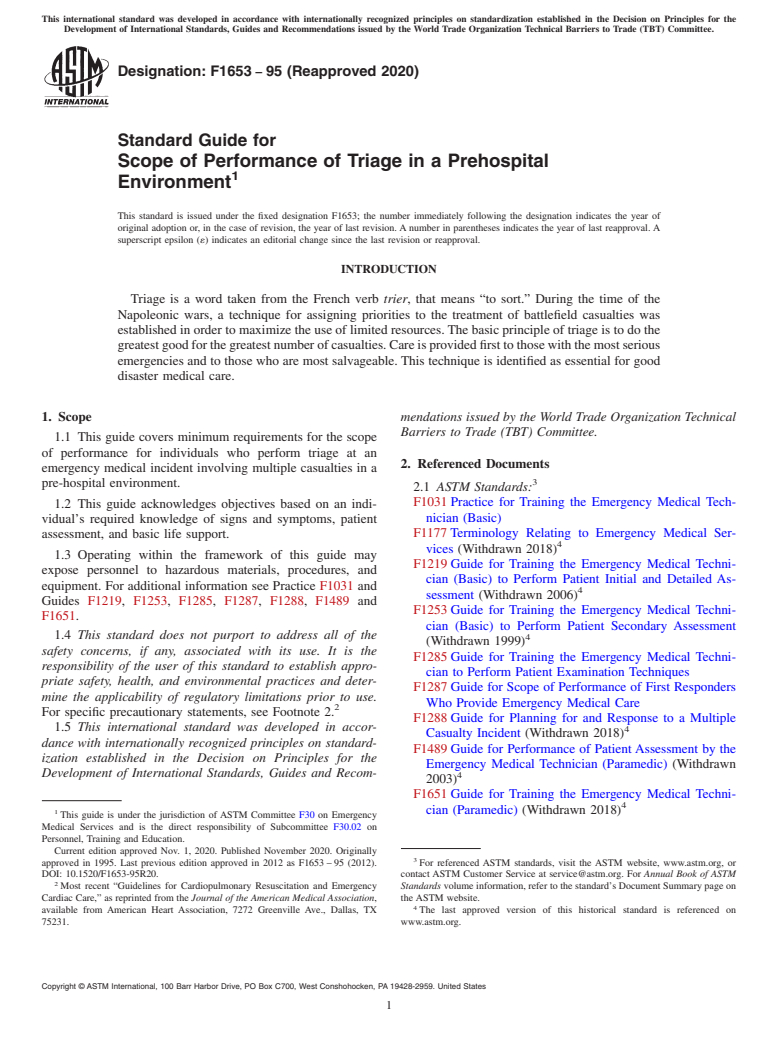 ASTM F1653-95(2020) - Standard Guide for Scope of Performance of Triage in a Prehospital Environment