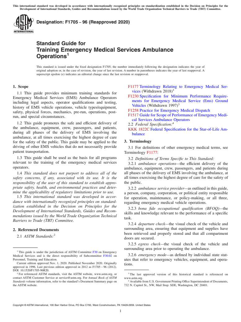 ASTM F1705-96(2020) - Standard Guide for Training Emergency Medical Services Ambulance Operations