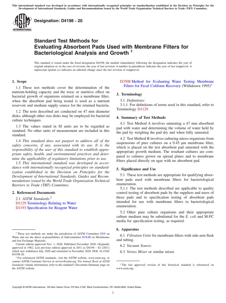 ASTM D4198-20 - Standard Test Methods for  Evaluating Absorbent Pads Used with Membrane Filters for Bacteriological  Analysis and Growth&#x2009;