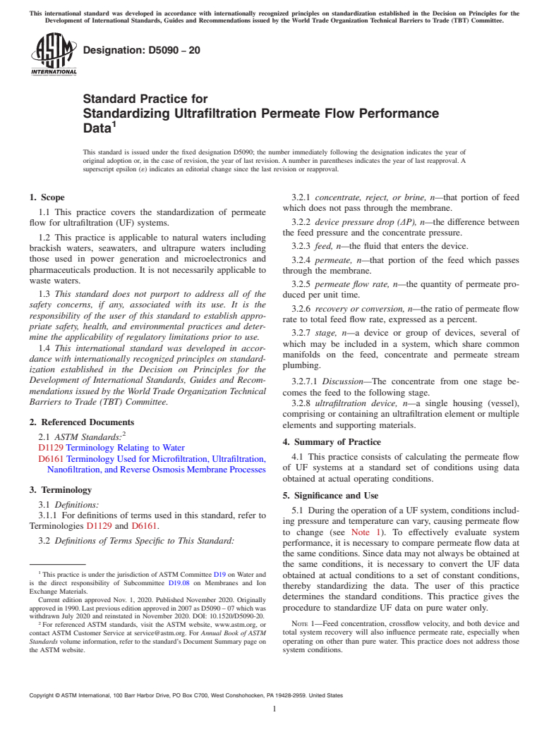 ASTM D5090-20 - Standard Practice for  Standardizing Ultrafiltration Permeate Flow Performance Data