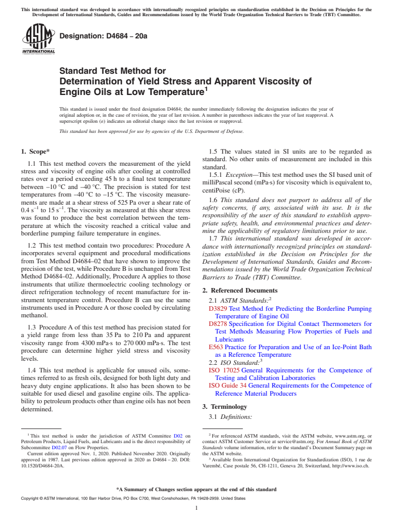 ASTM D4684-20a - Standard Test Method for Determination of Yield Stress and Apparent Viscosity of Engine  Oils at Low Temperature