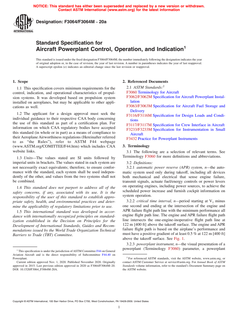 ASTM F3064/F3064M-20a - Standard Specification for Aircraft Powerplant Control, Operation, and Indication