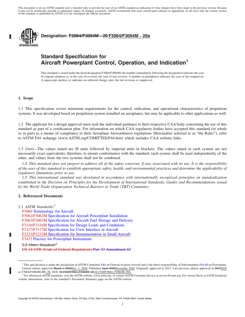 REDLINE ASTM F3064/F3064M-20a - Standard Specification for Aircraft Powerplant Control, Operation, and Indication