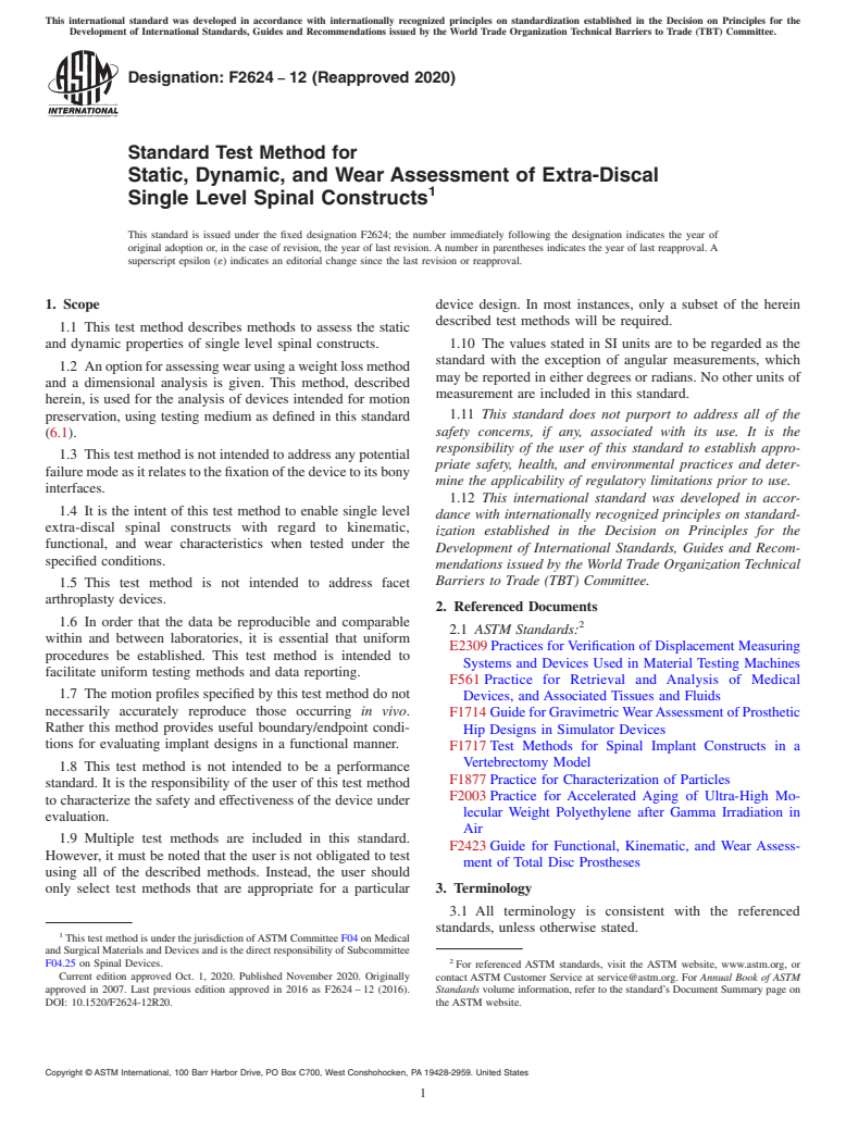 ASTM F2624-12(2020) - Standard Test Method for Static, Dynamic, and Wear Assessment of Extra-Discal Single  Level Spinal Constructs