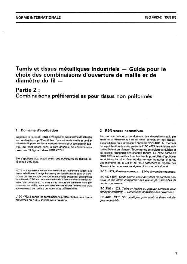 ISO 4783-2:1989 - Tamis et tissus métalliques industriels -- Guide pour le choix des combinaisons d'ouverture de maille et de diametre du fil