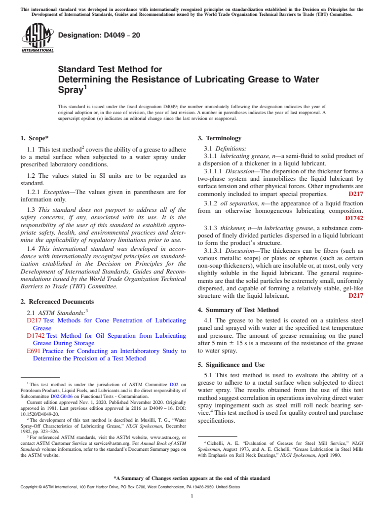ASTM D4049-20 - Standard Test Method for  Determining the Resistance of Lubricating Grease to Water Spray
