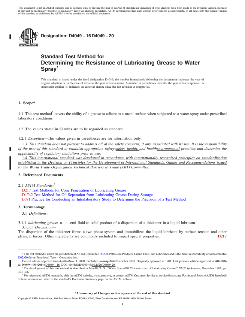 REDLINE ASTM D4049-20 - Standard Test Method for  Determining the Resistance of Lubricating Grease to Water Spray